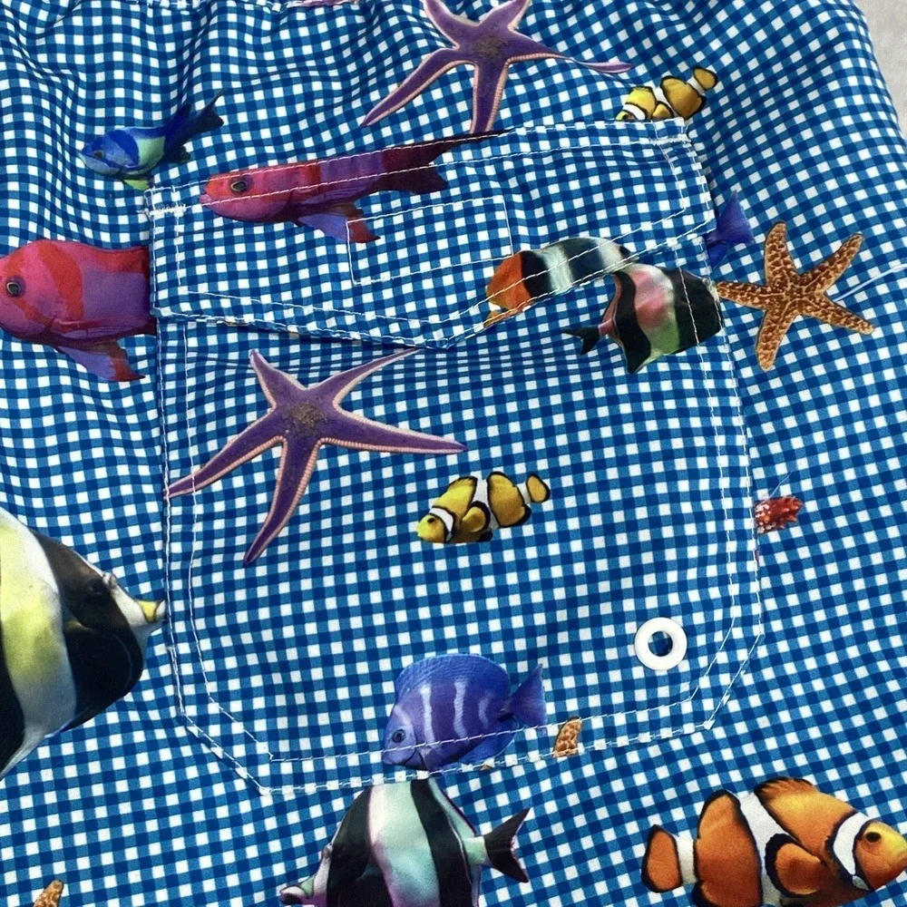 Bills Khakis Fish‎ AOP Swim Trunks Mens Size 2XL Mesh Lined Blue Gingham 6.5